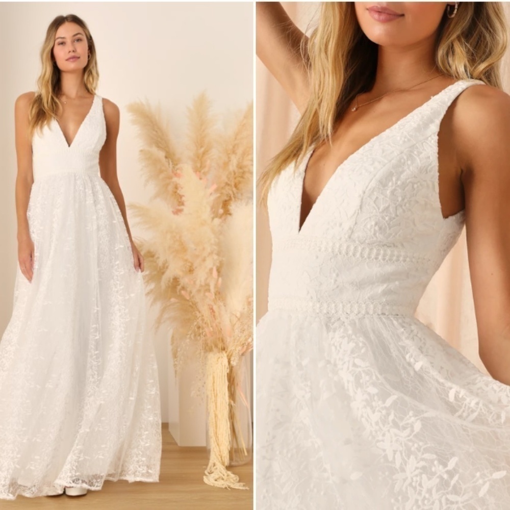 LULU's Bridal Wedding Floral Embroidered Layered Romantic Princess Ballgown